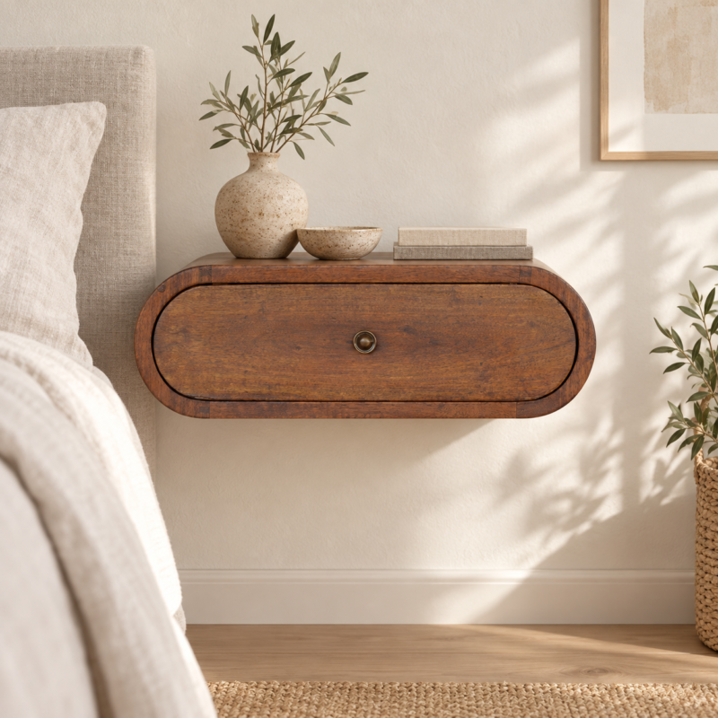 Lina Wall-Mounted Round Bedside — Chestnut — styled interior