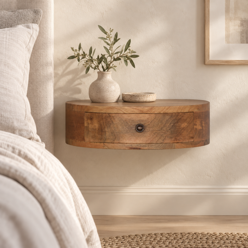 Lina Wall-Mounted Rounded Bedside — Natural — styled interior