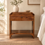 Norr Bedside — Chestnut · 45 × 50 cm — styled interior