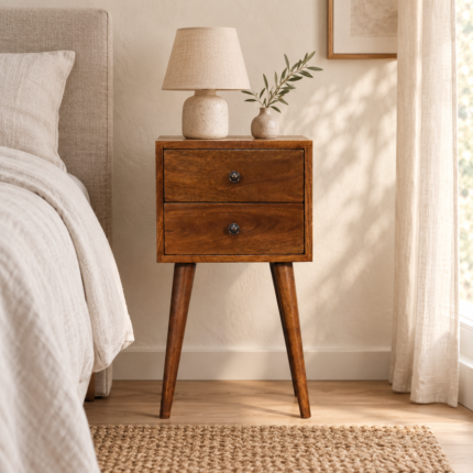 Forma Petite Two-Drawer Bedside — Chestnut — styled interior
