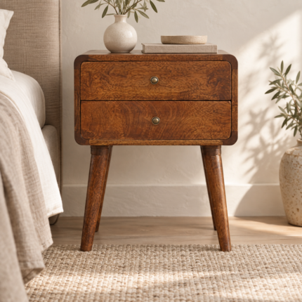 Lina Curved Bedside — Chestnut — styled interior