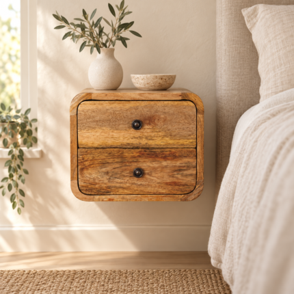 Lina Petite Curve Floating Bedside — Natural — styled interior