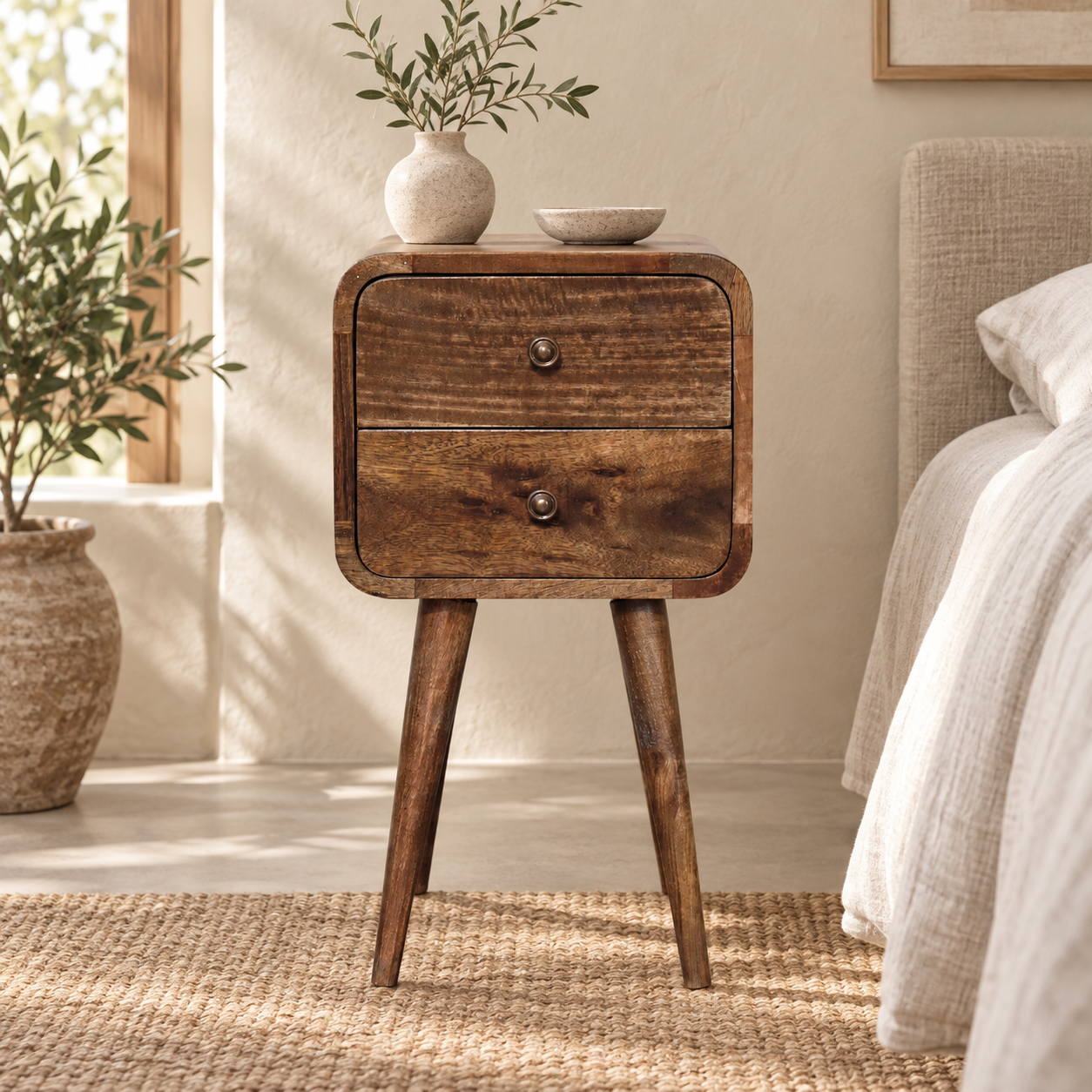 Lina Petite Curved Bedside — Grey Washed Lina Petite Curved Bedside — Grey Washed — styled interior