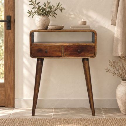 Lina Petite Grey-wash Curved Console — Grey Washed — styled interior