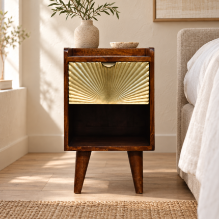 Mila Petite Gold One-Drawer Bedside — Chestnut — styled interior