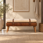 Forma Bouclé Buffalo Hide Leather Bench — Natural — styled interior