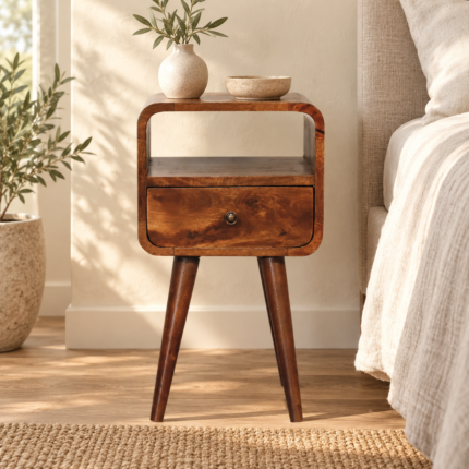 Lina Petite Curve Open Bedside — Chestnut — styled interior