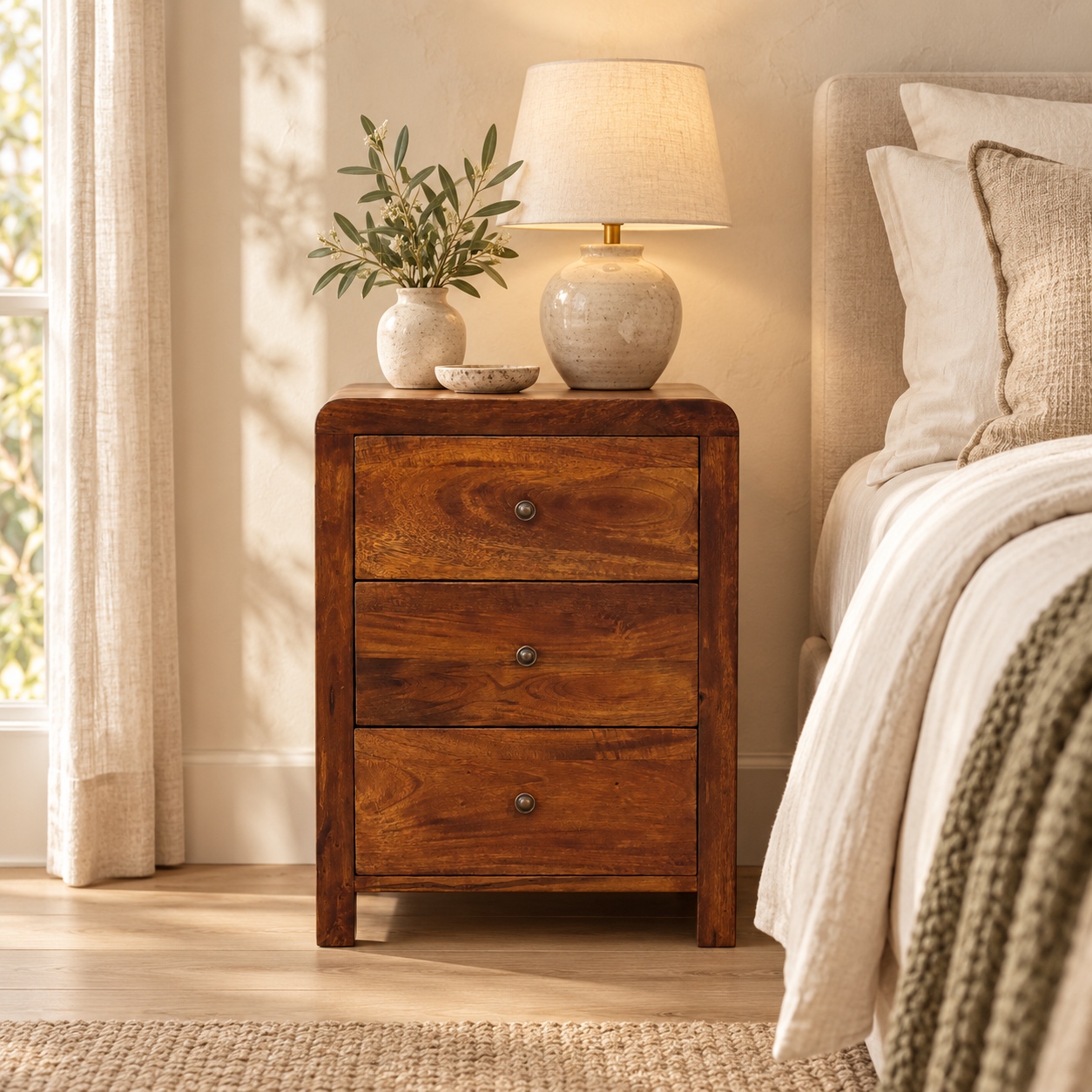 Aspen Three-Drawer Bedside Aspen Three-Drawer Bedside — styled interior