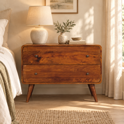 Lina Two-Drawer Chest — Chestnut — styled interior