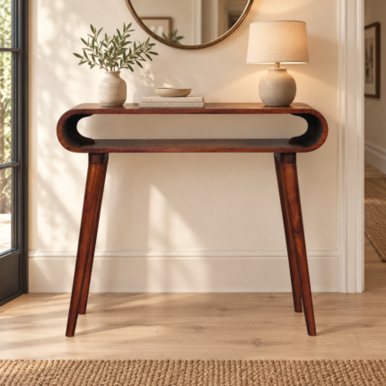 Amaya Slim Console — Chestnut — styled interior