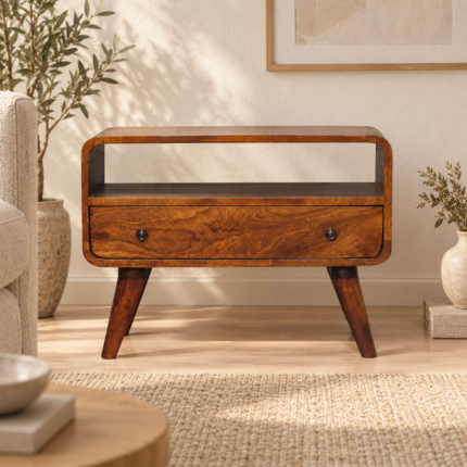 Lina Petite Curved Media Unit — Chestnut — styled interior