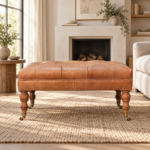Forma Buffalo Tan Leather Ottoman with Castor Legs — Light Walnut — styled interior