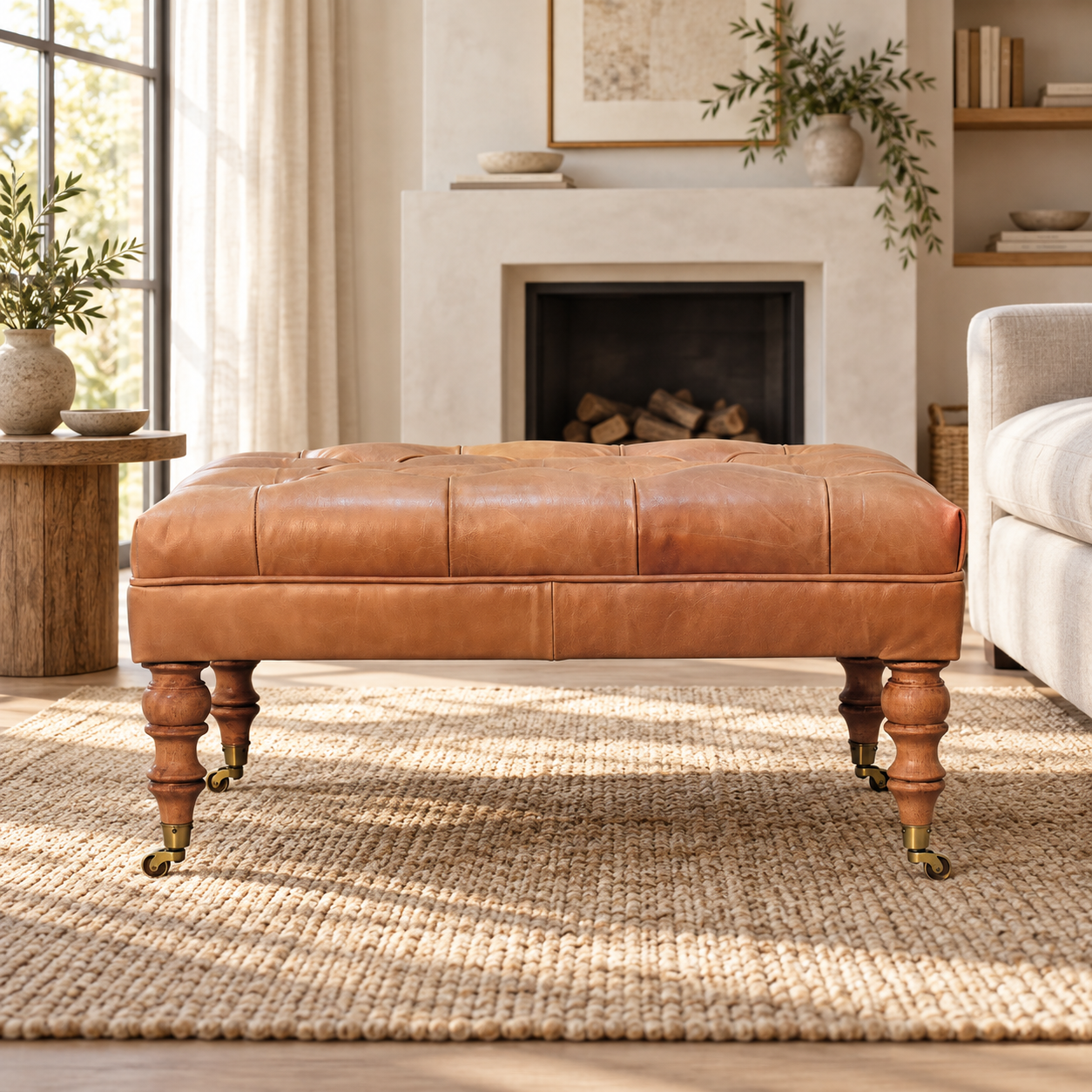 Forma Buffalo Tan Leather Ottoman with Castor Legs — Light Walnut Forma Buffalo Tan Leather Ottoman with Castor Legs — Light Walnut — styled interior