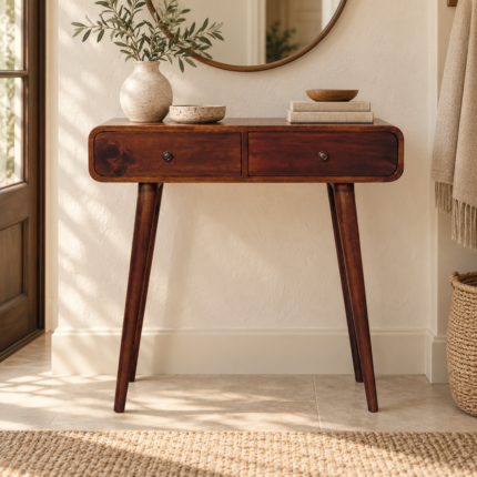 Lina Curved Hallway Table — Chestnut — styled interior