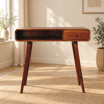 Lina Curved Writing Desk — Chestnut — styled interior