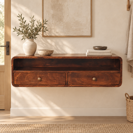 Walden Floating Walnut Open Console — California Walnut — styled interior