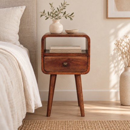 Lina Petite Curved Bedside with Open Slot — Honey Caramel — styled interior