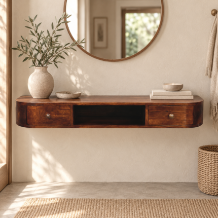Lunar Two-Drawer Wall-Mounted Console — Chestnut · 110 × 15 cm — styled interior