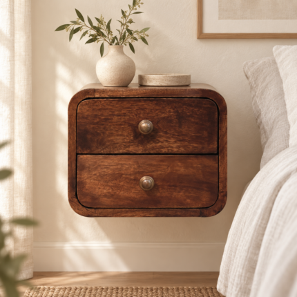 Walden Petite Curved Walnut Wall-Mounted Bedside — California Walnut — styled interior