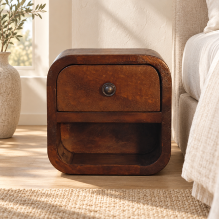Lina Petite Curved Bedside with Open Slot — Chestnut — styled interior
