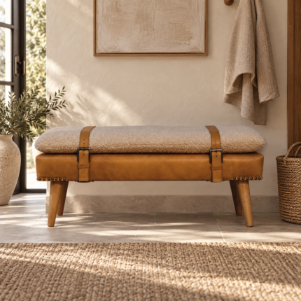 Forma Bouclé Buffalo Hide Tan Leather Bench — Natural — styled interior
