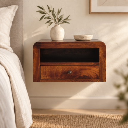 Forma Chunky One-Drawer Wall-Mounted Bedside — Chestnut — styled interior