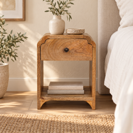 Norr Petite Bedside with Drawer and Open Shelf — Natural — styled interior