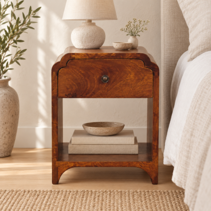 Norr Petite Bedside with Drawer and Open Shelf — Chestnut — styled interior