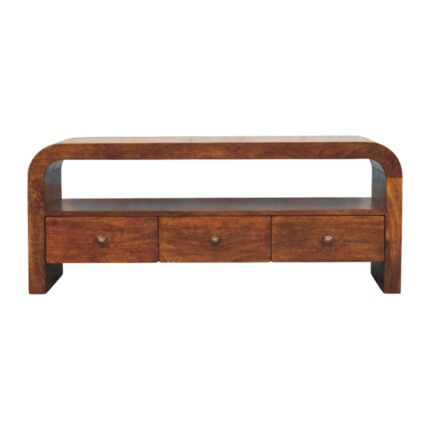 Darcy Three-Drawer Open Shelf Media unit — Chestnut — product photograph