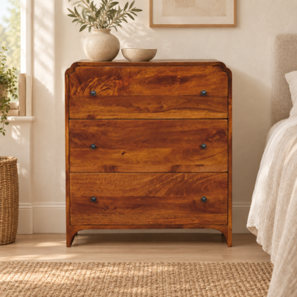 Norr Three-Drawer Chest — Chestnut — styled interior