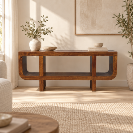 Orin Curved Media Unit — Chestnut — styled interior