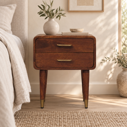 Valen Two-Drawer Bedside Table — Roasted Almond — styled interior
