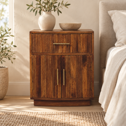 Lina Solid Wood Curved Ribbed Bedside with Drawer — Amber Oak — styled interior
