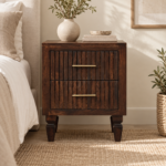 Berg Two-Drawer Bedside — Velvet Mocha — styled interior