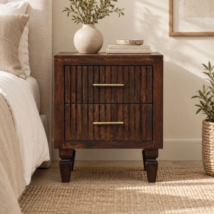 Berg Two-Drawer Bedside — Velvet Mocha — styled interior