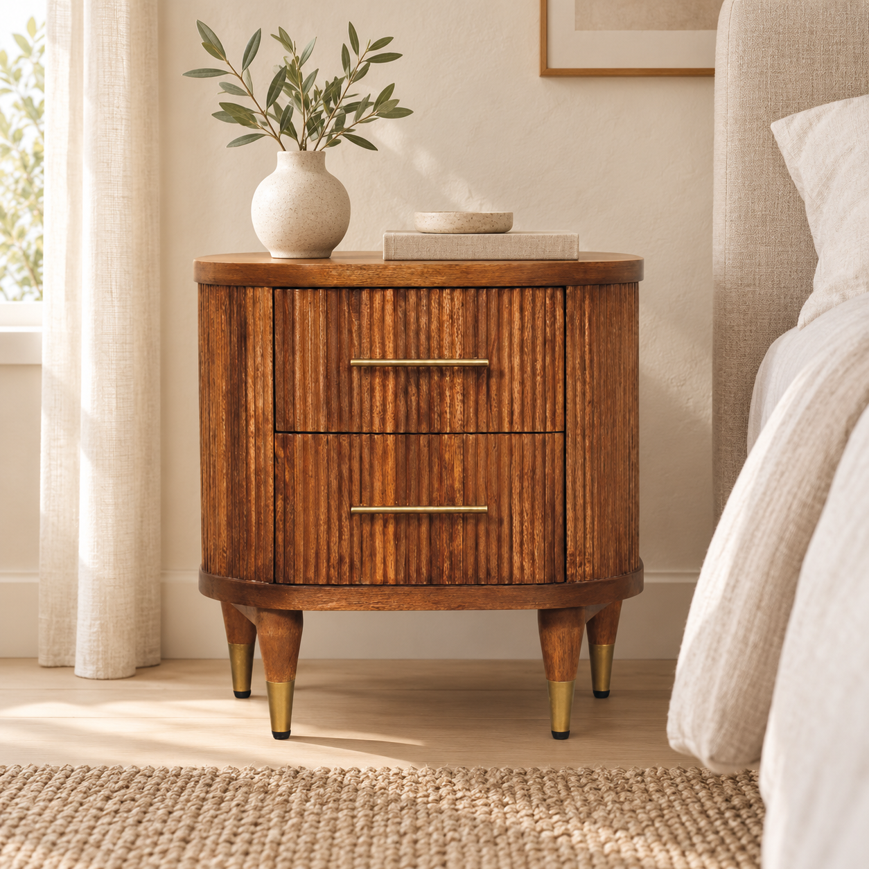 Forma Ribbed Bedside with Brass Accents — Amber Oak Forma Ribbed Bedside with Brass Accents — Amber Oak — styled interior