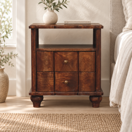 Lume Roasted Shelf Bedside Table — Roasted Almond — styled interior