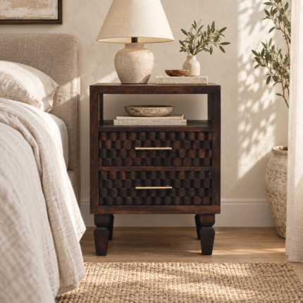 Klint Carved Bedside Table — Velvet Mocha — styled interior