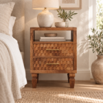 Klint Carved Open-Shelf Bedside — Golden Teak — styled interior