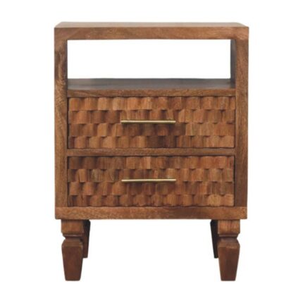 Klint Carved Open-Shelf Bedside — Golden Teak — product photograph