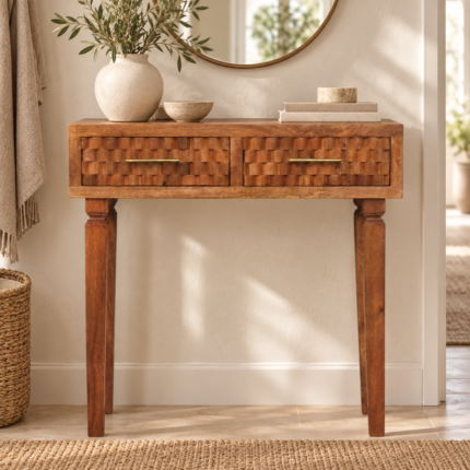 Klint Carved Twin-Drawer Console — Golden Teak — styled interior