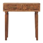 Klint Carved Twin-Drawer Console — Golden Teak — product photograph