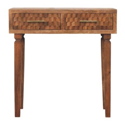 Klint Carved Twin-Drawer Console — Golden Teak — product photograph
