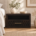Klint Carved Open-Slot Bedside — Velvet Mocha — styled interior