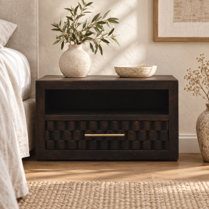 Klint Carved Open-Slot Bedside — Velvet Mocha — styled interior