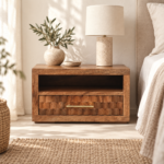Klint Carved Slot-Drawer Bedside — Golden Teak — styled interior