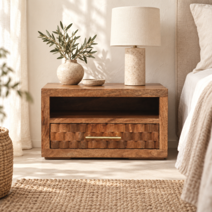 Klint Carved Slot-Drawer Bedside — Golden Teak — styled interior