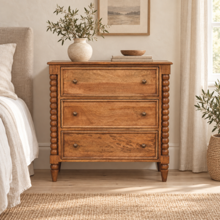 Spindle Chest of Drawers — Amber Oak — styled interior