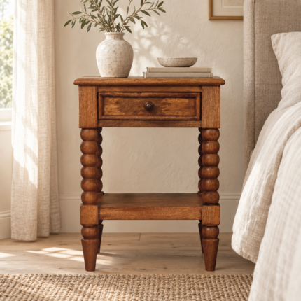Spindle Bedside Table — Amber Oak — styled interior