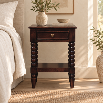 Spindle Bedside — Winewood Oak — styled interior